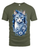 Azure Floral Cat Tee Elegant Blue Kitten with Flowers T-Shirt for Cat People - military green t-shirt on white background
