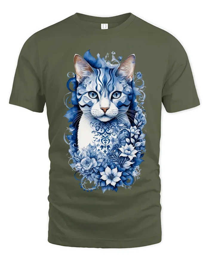 Azure Floral Cat Tee Elegant Blue Kitten with Flowers T-Shirt for Cat People - military green t-shirt on white background