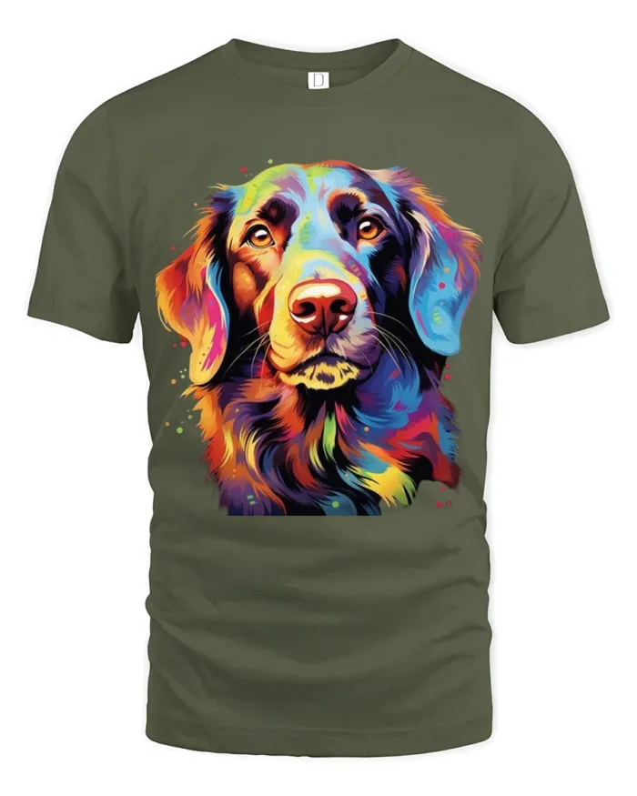 Vibrant Canine Tee Abstract Rainbow Dog Portrait T-Shirt for Pet Fans - military green t-shirt on white background