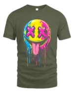 Melting Smiley Face Tee Colorful Dripping Emoji T-Shirt for Fun Style - military green t-shirt on white background