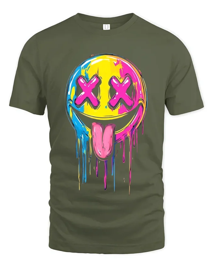 Melting Smiley Face Tee Colorful Dripping Emoji T-Shirt for Fun Style - military green t-shirt on white background