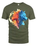 Fire and Ice Wolves T-Shirt Dual Wolf Spirit Graphic Tee for Bold Style - military green t-shirt on white background