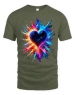 Exploding Heart Tee Vibrant Colorful Love T-Shirt for Passionate Souls - military green t-shirt on white background