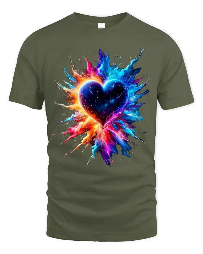 Exploding Heart Tee Vibrant Colorful Love T-Shirt for Passionate Souls - military green t-shirt on white background