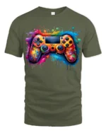 Splash Gamer Tee Vibrant Colorful Controller T-Shirt for Video Game Fans - military green t-shirt on white background
