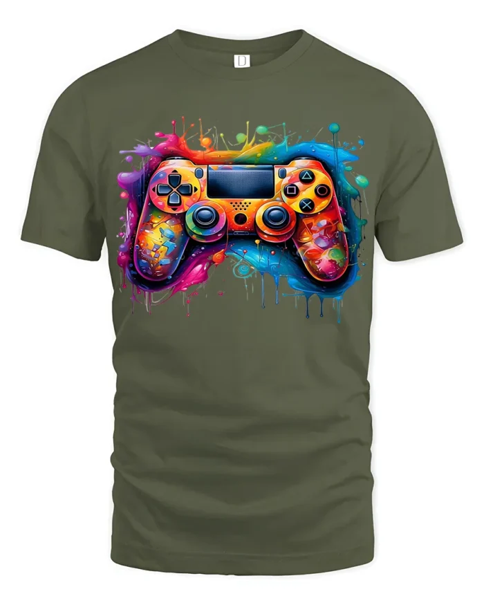 Splash Gamer Tee Vibrant Colorful Controller T-Shirt for Video Game Fans - military green t-shirt on white background