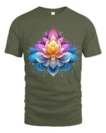 Gradient Lotus Tee Vibrant Ombre Flower T-Shirt for Yoga Zen Meditation - military green t-shirt on white background