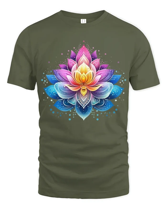 Gradient Lotus Tee Vibrant Ombre Flower T-Shirt for Yoga Zen Meditation - military green t-shirt on white background