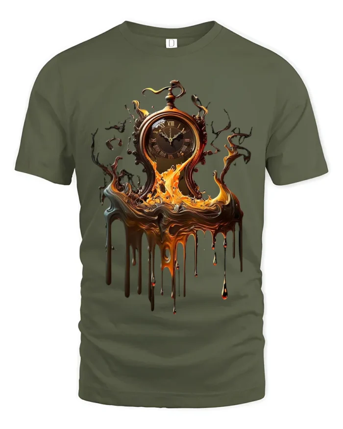 Melting Time T-Shirt Surreal Pocket Watch Graphic Tee for Art Lovers - military green t-shirt on white background