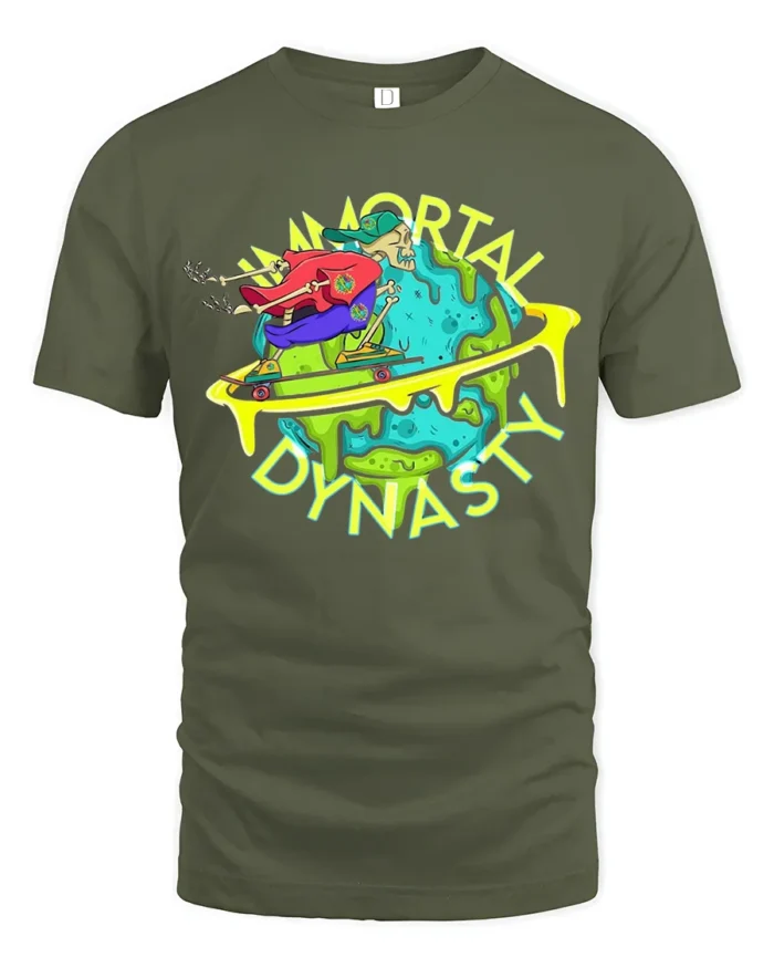 Skateboarding Skull Tee Immortal Dynasty Funny Apocalypse T-Shirt for All - military green t-shirt on white background