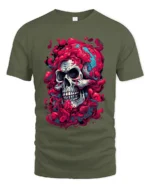 Dripping Skull Tee Abstract Colorful Skull T-Shirt for Edgy Style - military green t-shirt on white background
