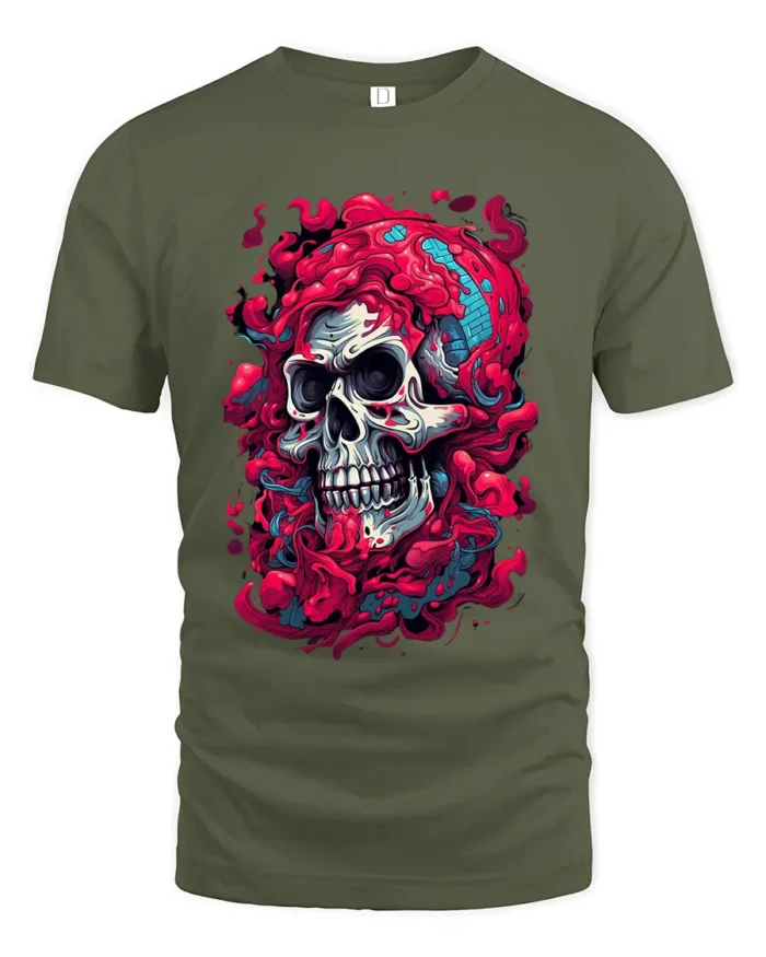 Dripping Skull Tee Abstract Colorful Skull T-Shirt for Edgy Style - military green t-shirt on white background