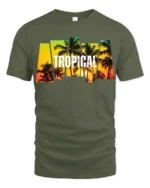 Tropical Sunset Palm Tree T-Shirt Island Vacation Beach Tee for Summer Vibes - military green t-shirt on white background