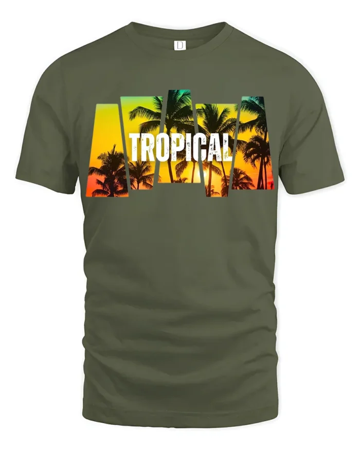 Tropical Sunset Palm Tree T-Shirt Island Vacation Beach Tee for Summer Vibes - military green t-shirt on white background