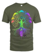 Psychedelic Shroom Chakra Tree Yoga Zen T-Shirt Colorful Fungi Forest Tee for US Explorers - military green t-shirt on white background