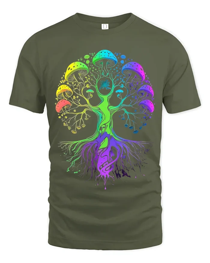 Psychedelic Shroom Chakra Tree Yoga Zen T-Shirt Colorful Fungi Forest Tee for US Explorers - military green t-shirt on white background