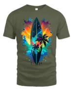 Colorful Surf Vibes T-Shirt Palm Tree and Sunset Graphic Tee for Summer Days - military green t-shirt on white background