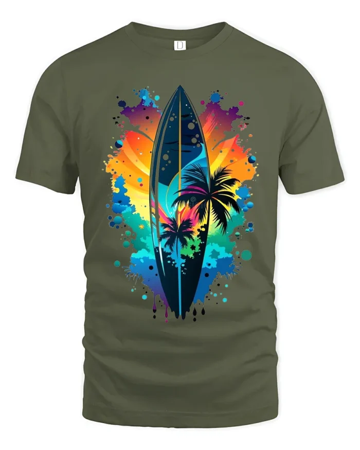 Colorful Surf Vibes T-Shirt Palm Tree and Sunset Graphic Tee for Summer Days - military green t-shirt on white background