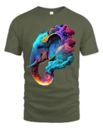Cosmic Elephant T-Shirt Vibrant Animal Graphic Tee with Dreamy Galaxy Clouds - military green t-shirt on white background