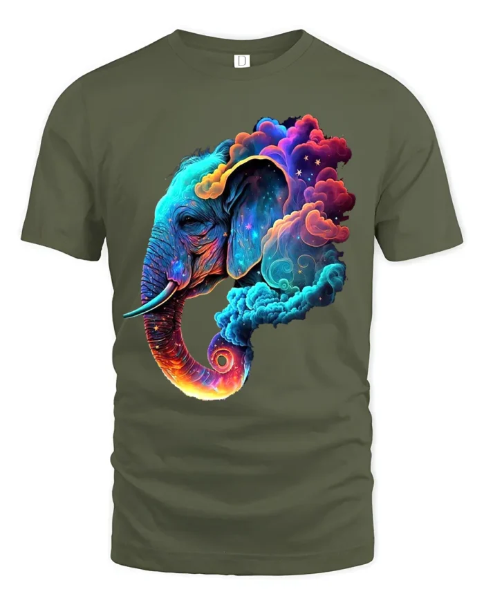 Cosmic Elephant T-Shirt Vibrant Animal Graphic Tee with Dreamy Galaxy Clouds - military green t-shirt on white background