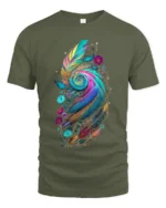 Colorful Feather Spiral Artistic Floral Print Tee for Boho Style Lovers T-Shirt - military green t-shirt on white background