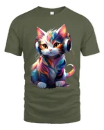 T-Shirt Music Cat Graphic Bright Artistic DJ Kitty Tee for Trendy Pet Fans - military green t-shirt on white background