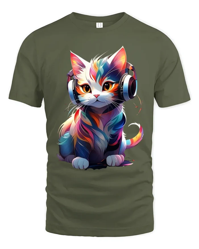 T-Shirt Music Cat Graphic Bright Artistic DJ Kitty Tee for Trendy Pet Fans - military green t-shirt on white background