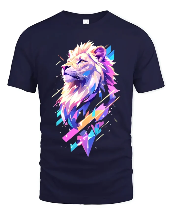Majestic Neon Lion Graphic Bold Vibrant T-Shirt - navy t-shirt on white background