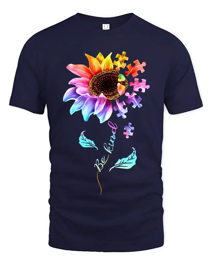 Be Kind Puzzle Sunflower T-Shirt Autism Awareness Graphic Tee for Kindness - navy t-shirt on white background