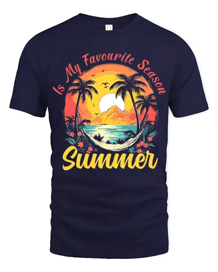 Summer Favourite Season T-Shirt Tropical Beach Vacation Tee for Sunshine Lovers - navy t-shirt on white background