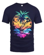Vibrant Palm Sunset T-Shirt Abstract Tropical Beach Graphic Tee for Summer Vibes - navy t-shirt on white background