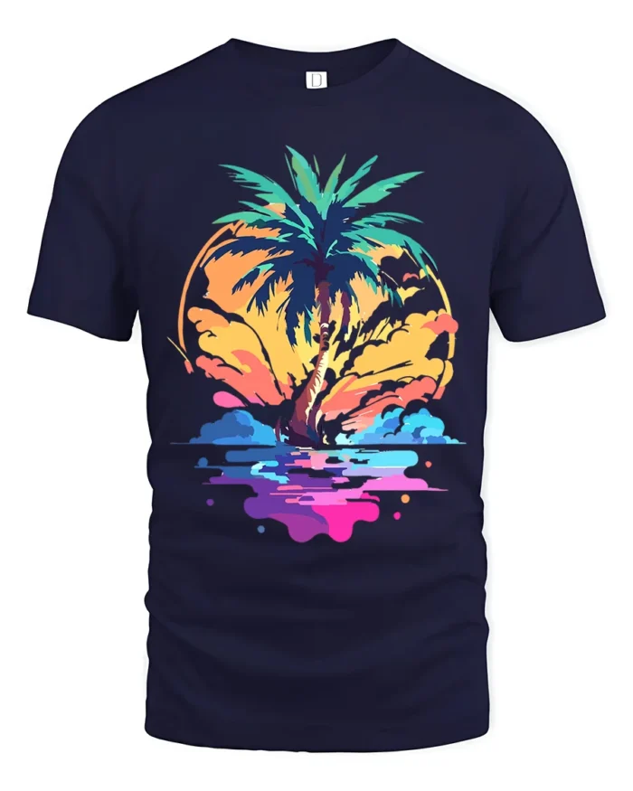 Vibrant Palm Sunset T-Shirt Abstract Tropical Beach Graphic Tee for Summer Vibes - navy t-shirt on white background