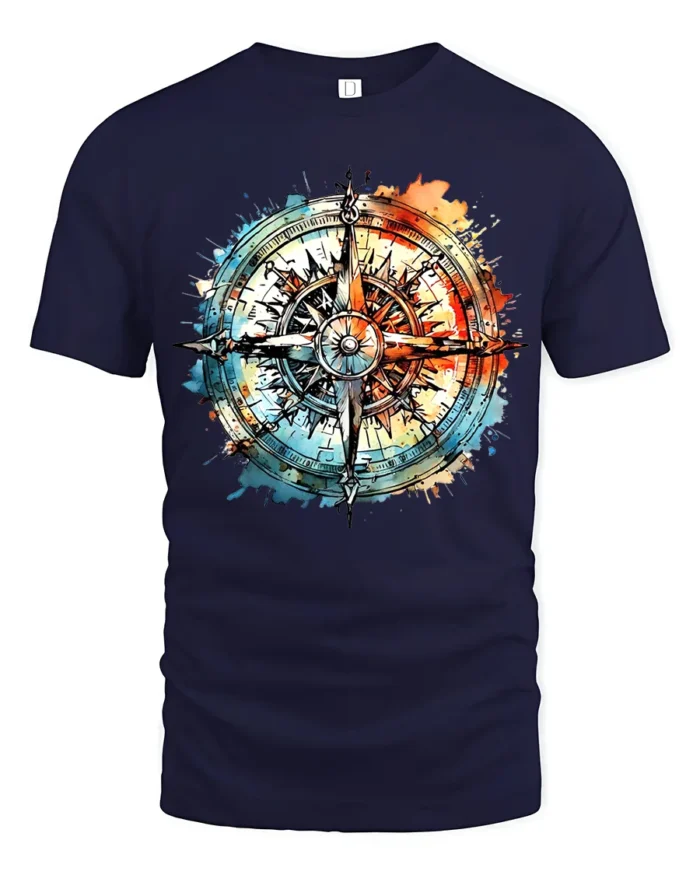 Watercolor Compass T-Shirt Artistic Nautical Travel Tee for Adventure Seekers - navy t-shirt on white background