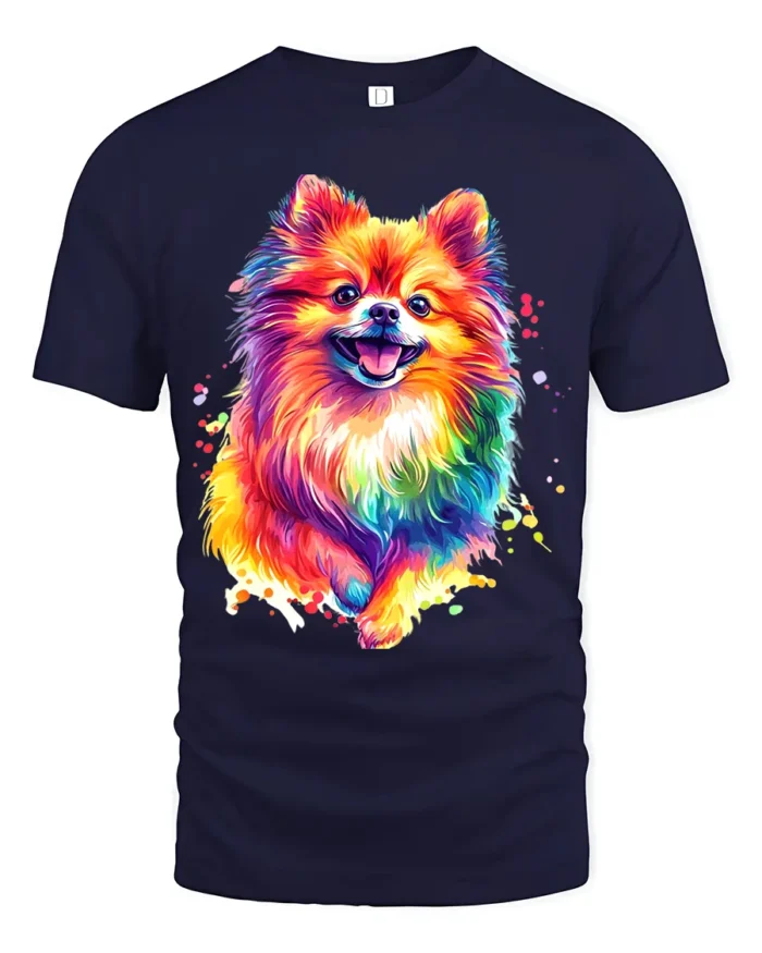 Colorful Pom Abstract Watercolor Pomeranian T-Shirt for Dog Fans - navy t-shirt on white background