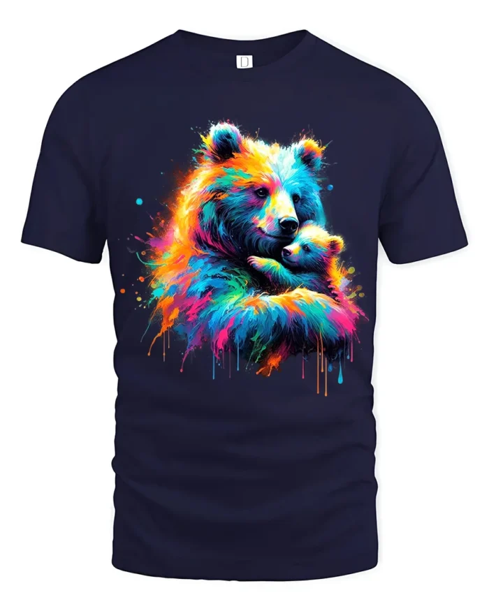 Colorful Bear Hug Tee Abstract Watercolor Mother and Baby Bear T-Shirt for US - navy t-shirt on white background