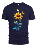 Sunflower Butterfly Tee Vibrant Floral Insect T-Shirt for Nature Lovers - navy t-shirt on white background