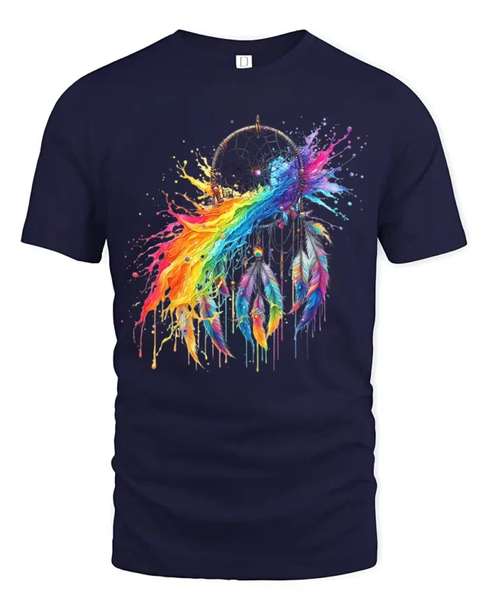 Watercolor Dreamcatcher T-Shirt Rainbow Feather Spirit Graphic Tee for Dreamers - navy t-shirt on white background