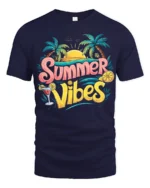 Cool Summer Vibes T-Shirt Retro Beach Sunset Tee with Palm Trees Drink - navy t-shirt on white background