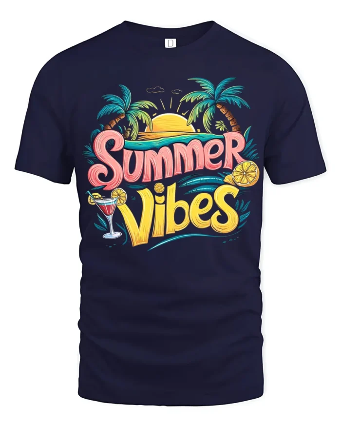Cool Summer Vibes T-Shirt Retro Beach Sunset Tee with Palm Trees Drink - navy t-shirt on white background