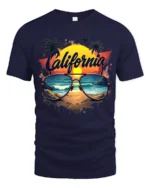 California Beach Vibes Tee Retro Sunset Sunglasses T-Shirt for West Coast Fans - navy t-shirt on white background