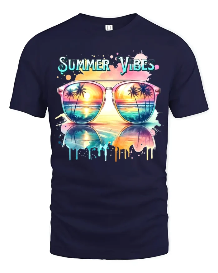 Summer Vibes Sunglasses Tee Tropical Beach T-Shirt for Sunshine Lovers - navy t-shirt on white background