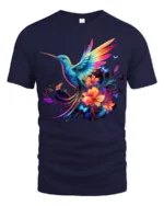 Rainbow Hummingbird Tee Vibrant Floral Butterfly T-Shirt for Nature Lovers - navy t-shirt on white background