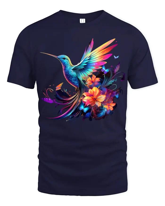 Rainbow Hummingbird Tee Vibrant Floral Butterfly T-Shirt for Nature Lovers - navy t-shirt on white background