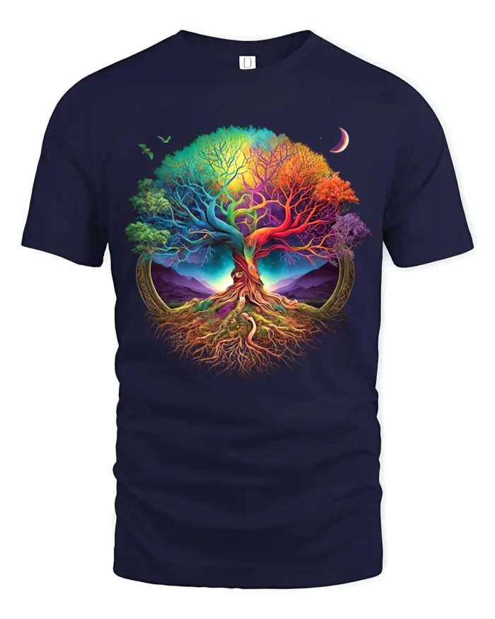 Vibrant Life Tree Yoga Zen Tee Rainbow Colored Spiritual Nature T-Shirt for All - navy t-shirt on white background