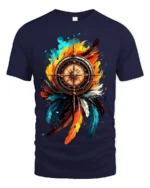 Nautical Feather T-Shirt Artistic Compass Graphic Tee for Explorers and Dreamers - navy t-shirt on white background