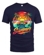 Retro Summer Vibes Tee Sunset Beach Sunglasses T-Shirt for Vacation Lovers - navy t-shirt on white background