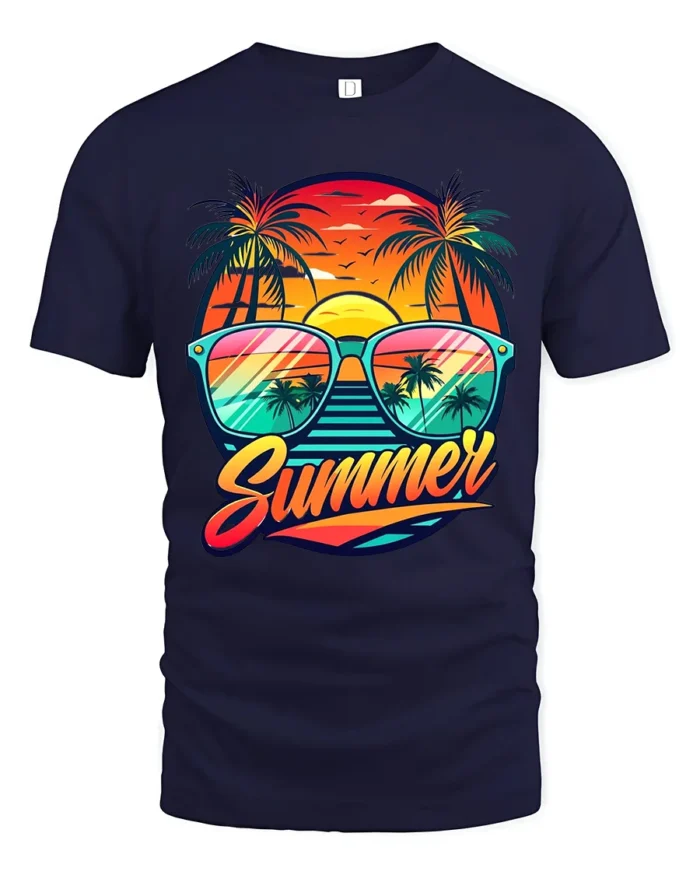 Retro Summer Vibes Tee Sunset Beach Sunglasses T-Shirt for Vacation Lovers - navy t-shirt on white background
