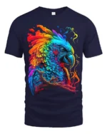 Colorful Parrot Explosion T-Shirt Vibrant Tropical Bird Tee for Summer Fun - navy t-shirt on white background