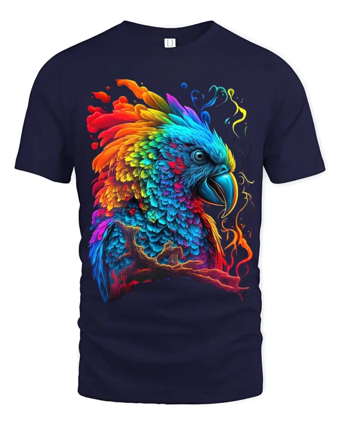 Colorful Parrot Explosion T-Shirt Vibrant Tropical Bird Tee for Summer Fun - navy t-shirt on white background