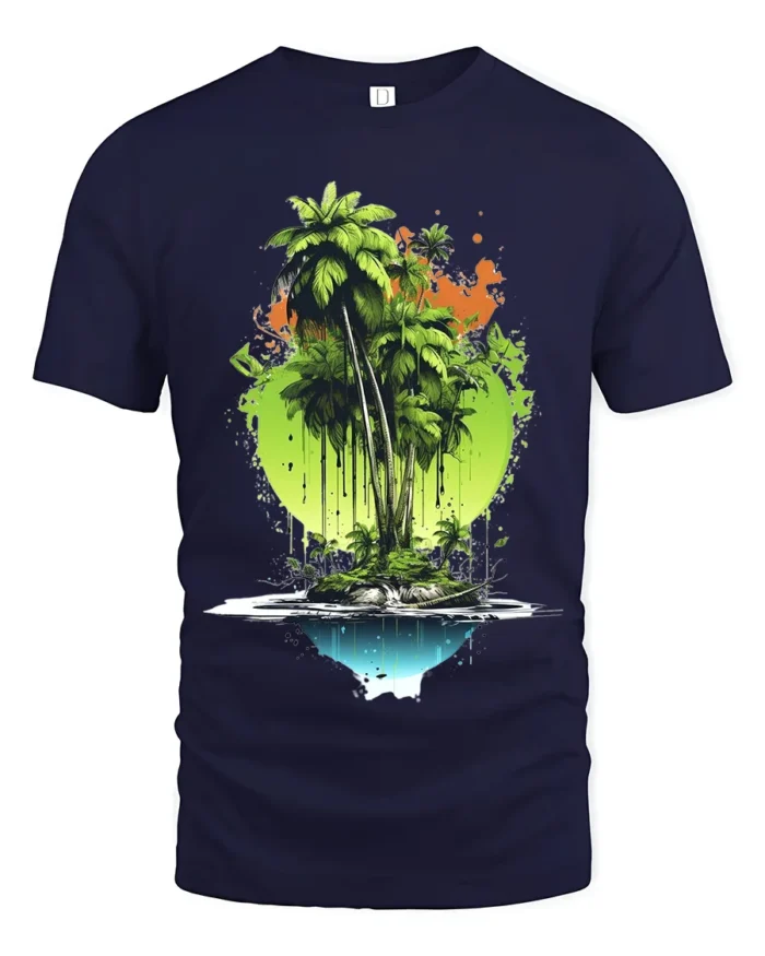 Tropical Island Reflection Tee Abstract Palm Tree Beach T-Shirt for Vacation - navy t-shirt on white background